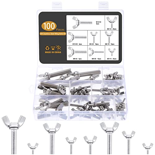 Gueenky 100 Stück Flügelschrauben Set, M3-M12 Flügelmuttern Edelstahl Schmetterlingsmutter Gewinde Wing Nuts, 8 Größen Schmetterlingsschraube Schmetterling Flügelmuttern Sortiment von Gueenky