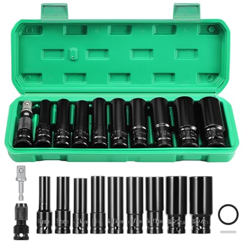 Gueenky 11 Stück Schlagschrauber Nüsse set, 1/2 Zoll Sechskant Stecknuss Schlagschrauber 10-24 mm Schlagnuss Satz, Steckschlüsselsatz mit Stecknuss Adapter für Autoreparaturen Reifenwechsel von Gueenky