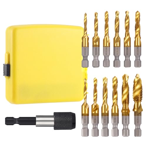 13 Stück Gewindebohrer Set, SAE/Metric M3–M10 Gewindeschneider mit Bohrer Set HSS Kombi Gewindebohrer Gewindeschneider mit Gewindebohrer Adapter für Holz Metall Kunststoff Aluminium von Gueenky