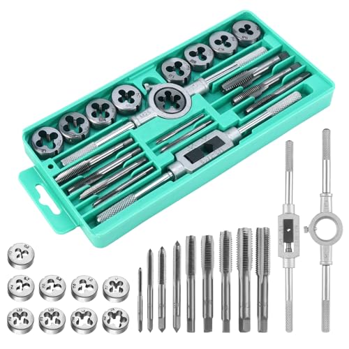 Gueenky 20 tlg. Gewindeschneider Set, M3-M12 Gewindeschneidsatz Metrisch Gewindebohrer Schneideisen Set Schneideisenhalter Windeisen Gewindeschneider Handgewindebohrer Set von Gueenky