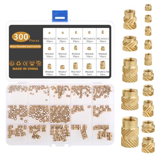 Gueenky 300 Stück 3D Druck Gewindeeinsatz, M2 M2,5 M3 M4 M5 M6 1/4-20 Einpressmuttern Messing Einschmelzmuttern, 15 Größen Schmelzgewinde Einbettungsmuttern Sortiment für 3D-Druck Spritzguss von Gueenky
