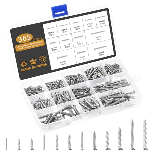Gueenky 365 Stück Selbstschneidende Schrauben, M2 M3 M4 M5 Holzschrauben Senkkopf Edelstahl Blechschrauben Kreuzschlitz, 12 Größen Blechschrauben Kreuzschlitzschrauben Holzschrauben Set von Gueenky