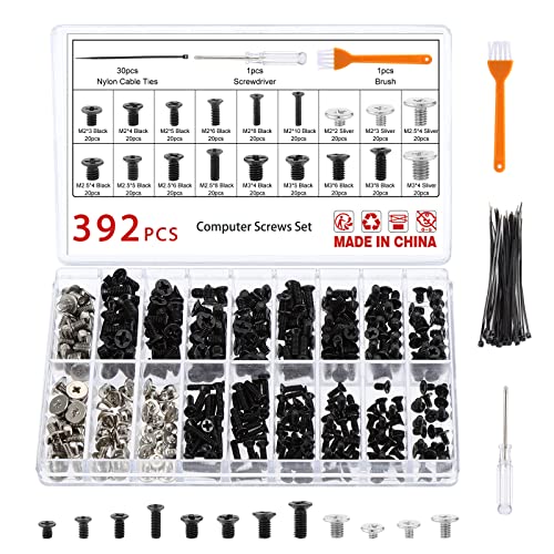 Gueenky 392 Stück Laptop Computer Schrauben Set, M2 M2,5 M3 PC Schrauben Sortierten Set Flachkopf Computer Schrauben 2-10 mm, 18 Größen Ersatzschrauben für SSD Laptop Notebook, mit Schraubendreher von Gueenky