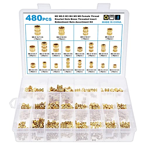 Gueenky 480 Stück Messing Gewindeeinsatz, M2 M2,5 M3 M4 M5 M6 Gewindeeinsatz 3D Druck, 20 Größen Einbettmuttern Sortiment Einpressmutter Einbettung Muttern mit Aufbewahrungsbox von Gueenky