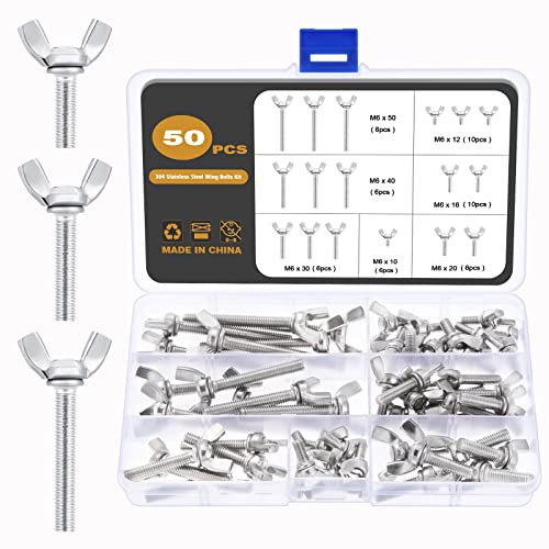 Gueenky 50 Stück Flügelschrauben Set, M6 Flügelmuttern Edelstahl Schmetterlingsmutter Gewinde Wing Nuts, 7 Größen 10-50 MM Schmetterlingsschraube Schmetterling Flügelmuttern Sortiment von Gueenky