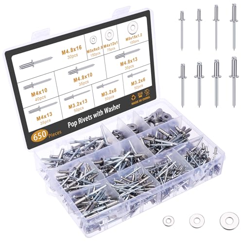 Gueenky 650 Stück Nieten Edelstahl 3,2/4/4,8 mm, 8 Größen Blindnieten mit Unterlegscheibe Set Popnieten Sortiment Pop Nieten für Verbindung von Metallplatte Automotive Möbel von Gueenky