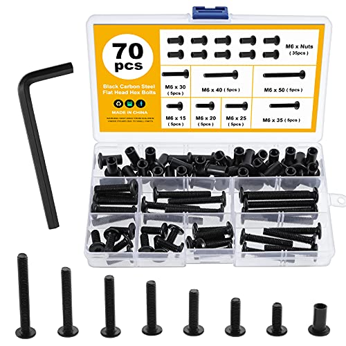 Gueenky 70 Stück Verbindungsschrauben M6, Karbonstahl Möbelverbinder Schrankverbinder, Hülsenschrauben M6 Fit für 8mm Loch, 15-50mm Innensechskantschraube Postbindung für Lederhandwerk DIY von Gueenky