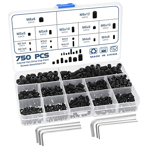 Gueenky 750 Stück Madenschrauben Set, M2,5 M3 M4 M5 M6 M8 Madenschrauben Wurmschraube Sechskantkopf Inbusschraube Kohlenstoffstahl Madenschrauben Sortiment Set mit Inbusschlüssel von Gueenky