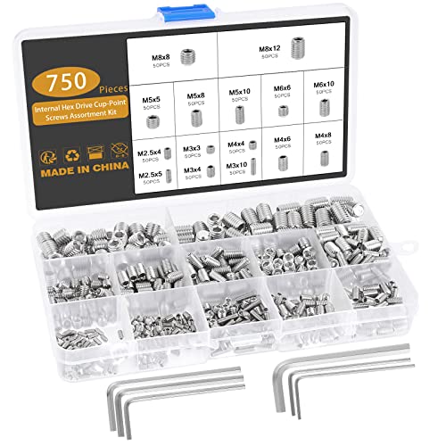 Gueenky 750 Stück Madenschrauben Set, M2,5 M3 M4 M5 M6 M8 Madenschrauben Edelstahl Wurmschraube Sechskantkopf Inbusschraube Sortiment Set mit Inbusschlüssel von Gueenky