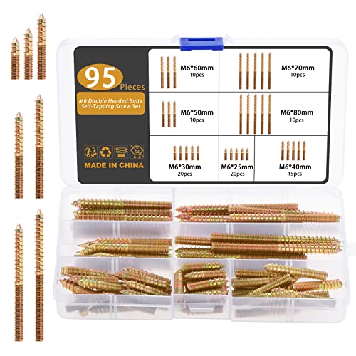 Gueenky 95 Stück Stockschrauben M6, Doppelkopfschrauben Kohlenstoffstahl M6 x 25-80mm Schraubstifte Selbstschneidende, Doppelkopf Schrauben für Holzverbindungen von Gueenky