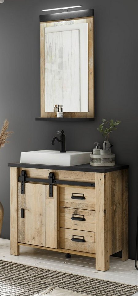 Furn.Design Badezimmer-Set Stove, (Waschtisch und Badspiegel in Used Wood, Breite 95 cm), mit Waschbecken, mit Beleuchtung, Soft-Close von Furn.Design