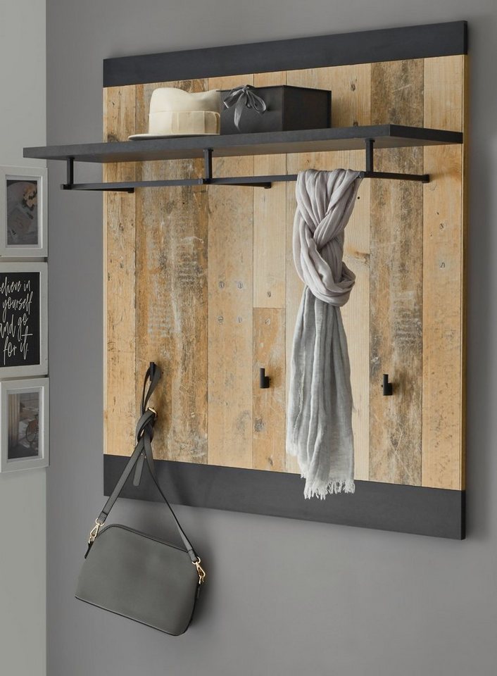 Furn.Design Garderobenpaneel Stove (Wandgarderobe in Used Wood Vintage, 92 x 100 cm), mit Kleiderstange von Furn.Design
