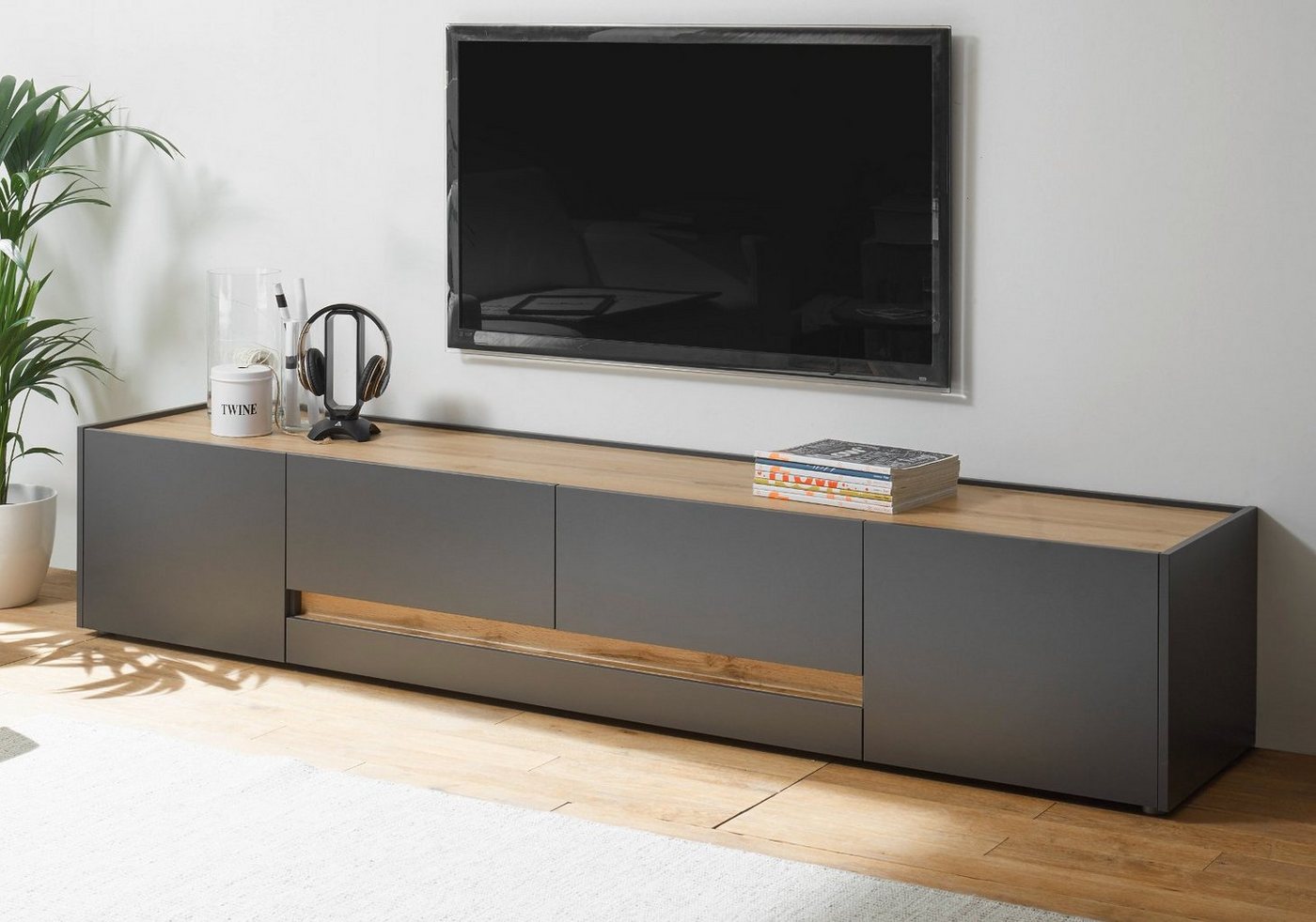 Furn.Design Lowboard Center (TV Unterschrank in grau mit Eiche, Breite 220 cm), viel Stauraum von Furn.Design