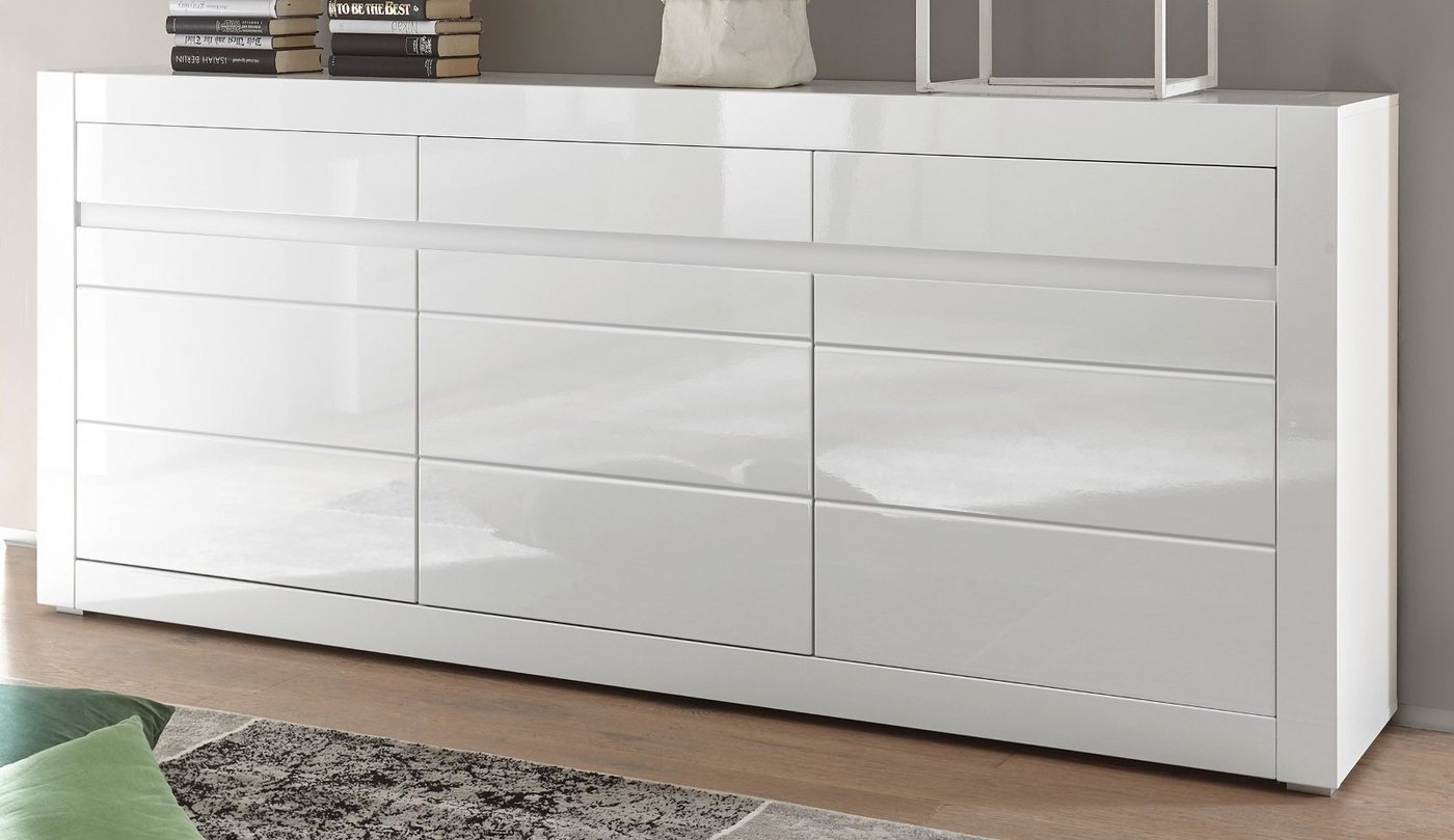 Furn.Design Sideboard Nobile (Anrichte in weiß, 3 Türen, 3 Schubladen, Breite 217 cm), Hochglanz, Schubladen mit Soft-Close, Türen mit Soft-Close von Furn.Design