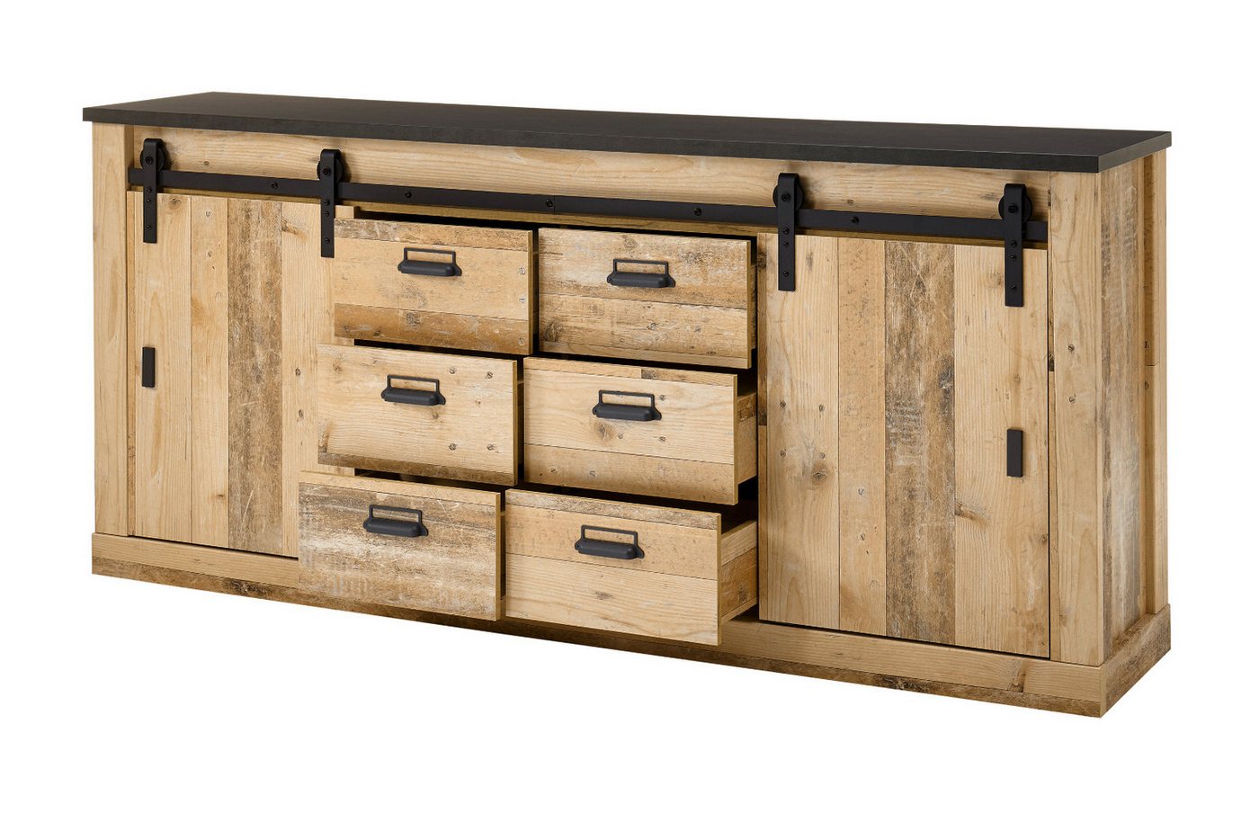 Furn.Design Sideboard Stove (Anrichte in Used Wood, 200 x 91 cm), mit Schiebetüren, 6 Schubladen, Soft-Close von Furn.Design