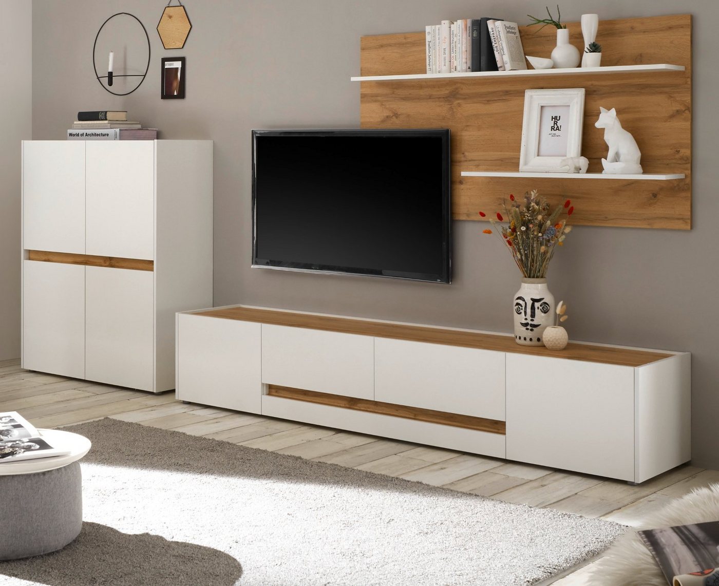 Furn.Design Wohnwand Center, (Set 3-teilig in weiß mit Wotan Eiche, 340 x 180 cm), mit großem TV-Lowboard von Furn.Design