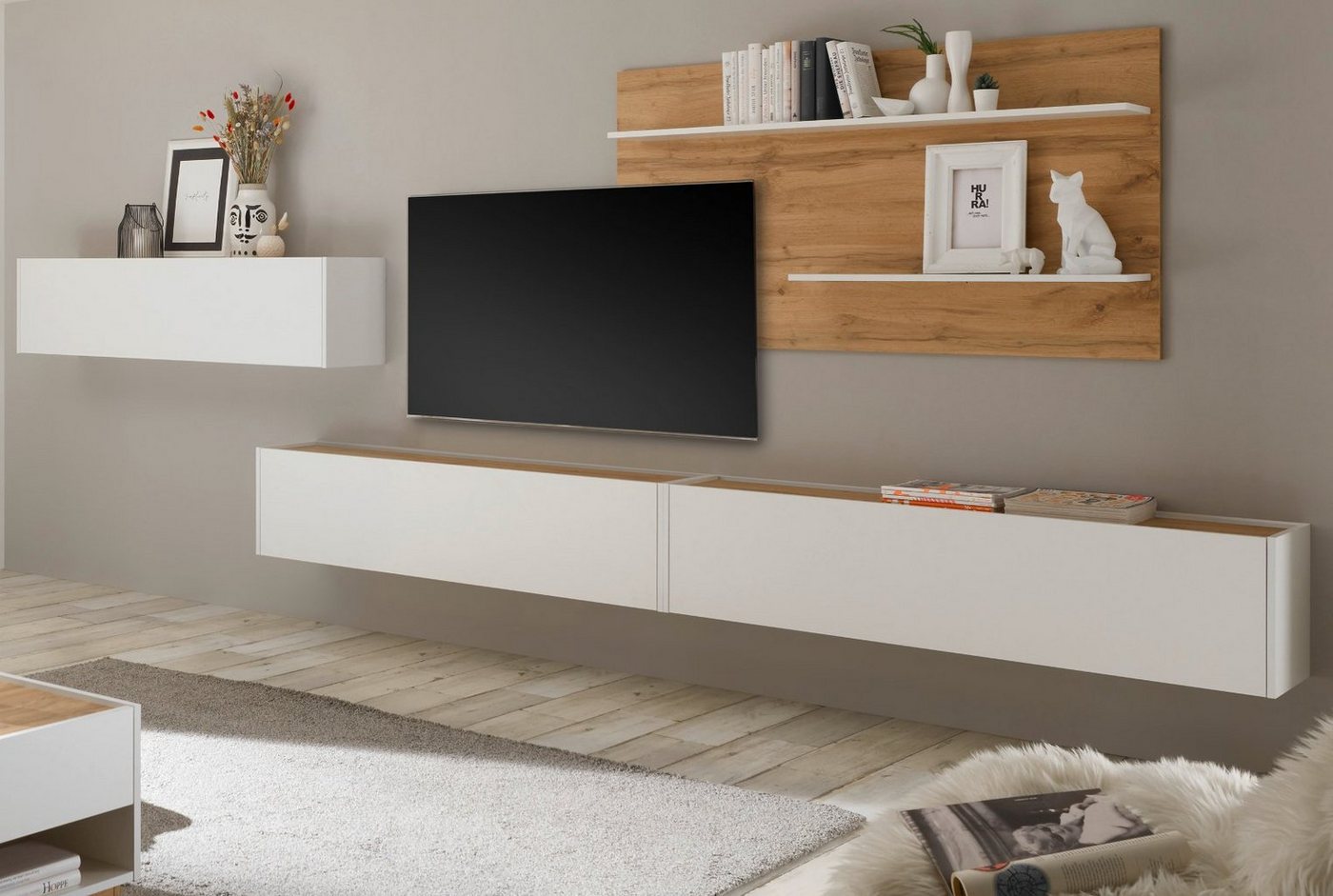 Furn.Design Wohnwand Center, (Wohnzimmer Set 4-teilig in weiß mit Wotan Eiche, Breite 330 - 420 cm), Breite und Höhe an TV Gerät anpassbar von Furn.Design