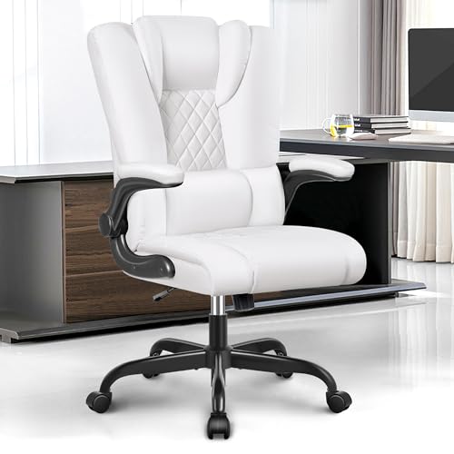 Guessky Bürostuhl, Ergonomischer High-Back Leder Chefsessel, Höhenverstellbarer Drehstuhl, Swing Funktion, Home Chair mit klappbaren Armlehnen und Lendenwirbelstütze(Weiß) von Guessky