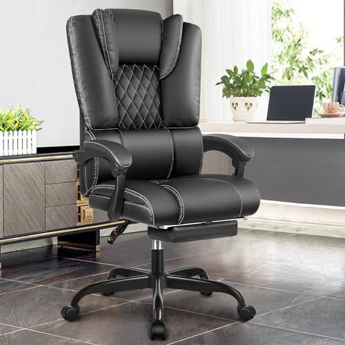 Guessky ergonomischer Bürostuhl, chefsessel Leder, gekoppelte Armlehnen, Loveseat mit Fußstütze, Lendenwirbelstütze, höhenverstellbar, neigungsfixierter Liegesessel（Schwarz von Guessky