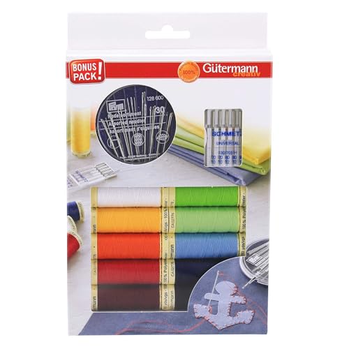 Gütermann creativ Nähfaden-Set mit 10 Spulen Allesnäher 100 m in bunten Farben + Handnähnadeln von PRYM und Nähmaschinennadeln von SCHMETZ, Mehrfabig, 230x145x22 mm von Gütermann