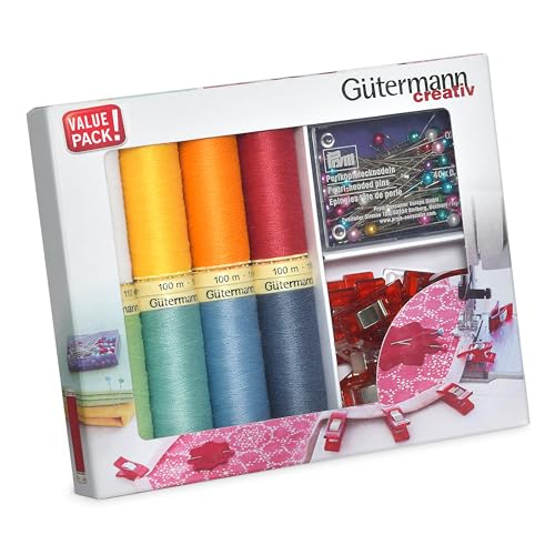 Gütermann creativ Nähfaden-Set mit 8 Spulen Allesnäher 100 m in fröhlichen Farben + Clips und Stecknadeln von Gütermann creativ