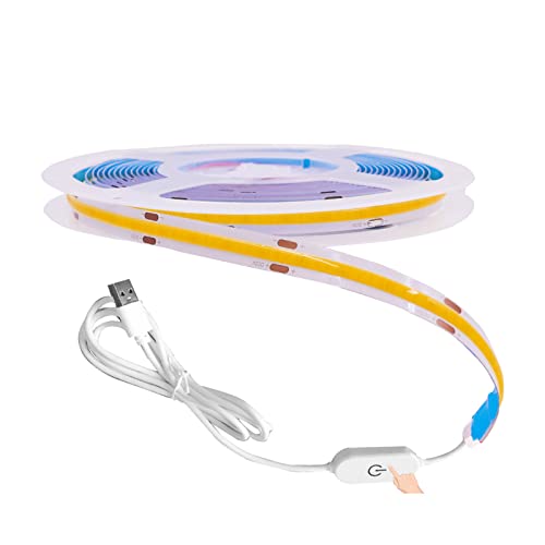 Guezuvoru Cob Led Strip Lights, 1 Meter/3.28 FT lang 8MM/ 0.32 Zoll breit 5V LED COB Light High Density 320LEDs/m Flexibles LED-Lampenband Heimdekoration, Warmweiß, USB-Stecker mit Dimmer von Guezuvoru