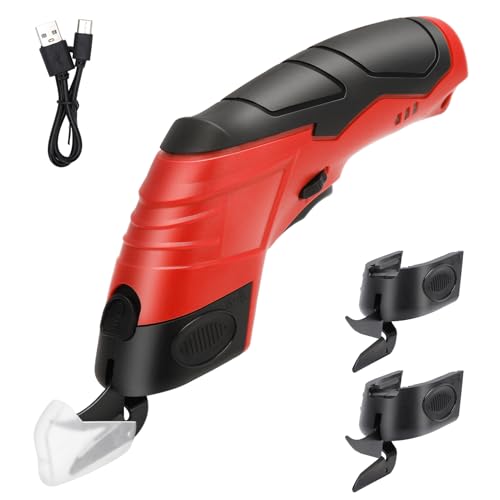 Gugxiom Elektrische Schere, Teppichschneider mit 2 austauschbaren Klingen, Schnurlose Elektrische Schere zum Schneiden von Stoff/Leder/Teppich/Karton (1 Wolframstahlspitze & 2 Legierungsspitzen & Rot) von Gugxiom