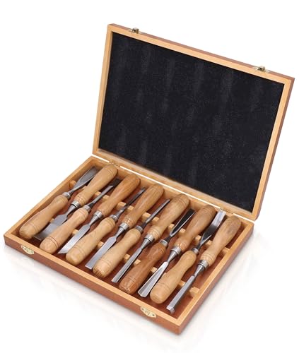 Gugxiom Holzschnitzwerkzeug-Set, 12-teilig, Schnitzmesserschärfer mit CRV-Klinge, Holzgriff, Holzgriff, Gravurmeißel-Set mit Aufbewahrungsbox für Heimwerkerarbeiten, Gugxiomzqsrt08fa7 von Gugxiom