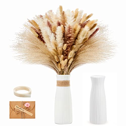 Guheake® Pampasgras Getrocknet mit Vase- 39 Stück 42cm Pampasgras Deko, Natürliche Trockenblumen Getrocknete Blumen Deko Braun, Boho Deko für Hochzeit Blumen Arrangements Heim Decor von Guheake
