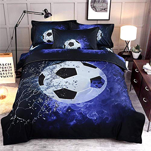 WONGS BEDDING Bettwäsche 135x200 Kinder Jungen Fußball Kinderbettwäsche Blau Schwarz Wendemotiv Bettbezug Microfaser Wendebettwäsche mit 48x75 Kissenbezug und Reißverschluss von WONGS BEDDING