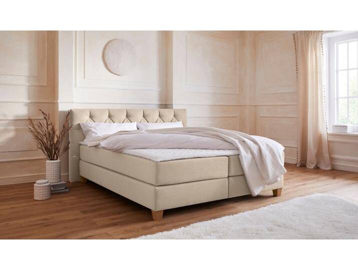 Boxspringbett Harmones , beige, B:203cm L:210cm, Struktur (100% Polyester), GUIDO MARIA KRETSCHMER HOME & LIVING, Komplettbetten, Boxspringbett, in 3 Breiten, Härtegrad auch im Mix mit je 1 Matratze in H2 und H3 von Guido-Maria-Kretschmer-Home-&-Living