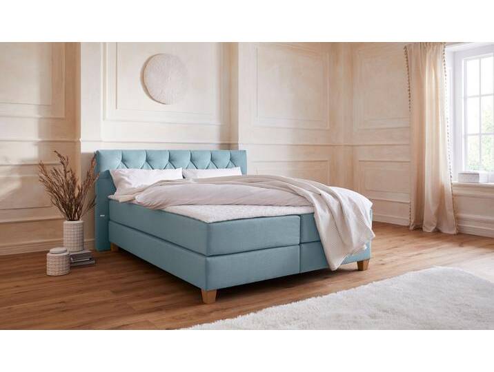 Boxspringbett Harmones , grün (mint), B:183cm L:210cm, Struktur (100% Polyester), GUIDO MARIA KRETSCHMER HOME & LIVING, Komplettbetten, Boxspringbett, in 3 Breiten, Härtegrad auch im Mix mit je 1 Matratze in H2 und H3 von Guido-Maria-Kretschmer-Home-&-Living