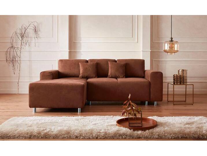 Ecksofa HOME AFFAIRE Györ , braun (cognac), B:235cm H:88cm T:160cm, Microfaser (100% Polyester);Luxus-Microfaser Lederoptik (100% Polyester);Struktur (100% Polyester);Samtoptik (100% Polyester);Struktur weich (100% Polyester), Sofas, L-Form, wahlweise mit Bettfunktion und Bettkasten incl. 2 Zierkissen von Home-affaire