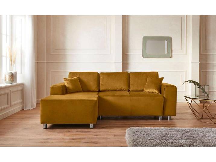 Ecksofa HOME AFFAIRE Györ , gold (goldfarben), B:235cm H:88cm T:160cm, Microfaser (100% Polyester);Luxus-Microfaser Lederoptik (100% Polyester);Struktur (100% Polyester);Samtoptik (100% Polyester);Struktur weich (100% Polyester), Sofas, L-Form, wahlweise mit Bettfunktion und Bettkasten incl. 2 Zierkissen von Home-affaire