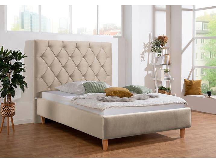 Polsterbett Sunley 140 , beige (beige, natur), B:203cm L:210cm, Struktur (100% Polyester), Samtstoff (100% Polyester), GUIDO MARIA KRETSCHMER HOME & LIVING, Betten, Kreuzsteppung, Kopfteilhöhe 142 cm, ohne oder mit Matratze/Lattenrost von Guido-Maria-Kretschmer-Home-&-Living