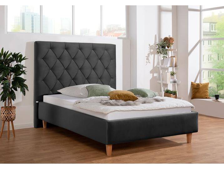 Polsterbett Sunley 140 , grau (schiefer), B:163cm L:210cm, Struktur (100% Polyester), Samtstoff (100% Polyester), GUIDO MARIA KRETSCHMER HOME & LIVING, Betten, Kreuzsteppung, Kopfteilhöhe 142 cm, ohne oder mit Matratze/Lattenrost von Guido-Maria-Kretschmer-Home-&-Living