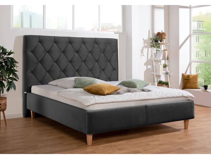 Polsterbett Sunley 140 , grau (schiefer), B:203cm L:210cm, Struktur (100% Polyester), Samtstoff (100% Polyester), GUIDO MARIA KRETSCHMER HOME & LIVING, Betten, Kreuzsteppung, Kopfteilhöhe 142 cm, ohne oder mit Matratze/Lattenrost von Guido-Maria-Kretschmer-Home-&-Living