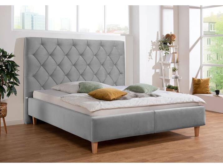Polsterbett Sunley 140 , silber, B:183cm L:210cm, Struktur (100% Polyester), Samtstoff (100% Polyester), GUIDO MARIA KRETSCHMER HOME & LIVING, Betten, Kreuzsteppung, Kopfteilhöhe 142 cm, ohne oder mit Matratze/Lattenrost von Guido-Maria-Kretschmer-Home-&-Living