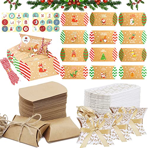 124 Stück Geschenkbox Kraftpapier, Jahrgang Kissen Box Candy Box, Weihnachten Faltschachtel Kraftpapier Box, Schachteln für Gastgeschenk, Geburtstag, Party, Weihnachten, Bonbon Kasten, Geschenk von Guidre