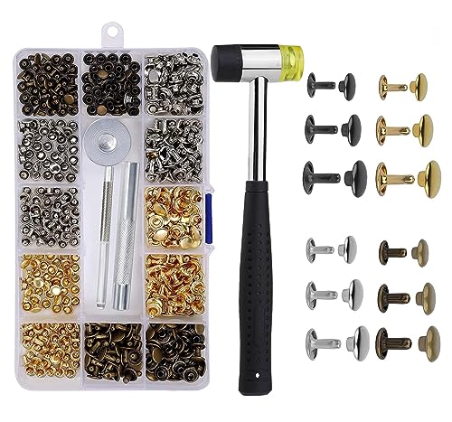 Guidre Leder Nieten Set,300 Set Metallniete Doppelkappe mit Nietenzange Lochzange Hohlnieten 8mm 6mm Nieten für Leder Nieten für Kleidung,3 Werkzeug,für DIY Handwerk Reperatur Dekoration (360) von Guidre