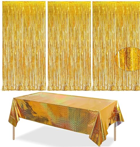 Guidre 3PCS Silber Lametta Vorhänge+1PCS Party Tischdecke,Glitzer Vorhang Deko(1x2.5m), Luftschlangen Funkeln Vorhängen Dekoration Foto Hintergrund für Geburtstag Neujahr Hochzeit Disco Party (Gold) von Guidre