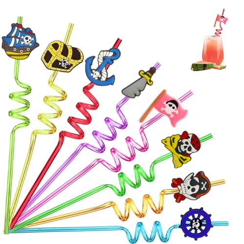 Guidre 16 Stück Piraten-Trinkhalme, Spiral Strohhalme, Wiederverwendbare Strohhalme, PET Straws für Geburtstagsfeier Party Deko, Familie Partybedarf (D) von Guidre