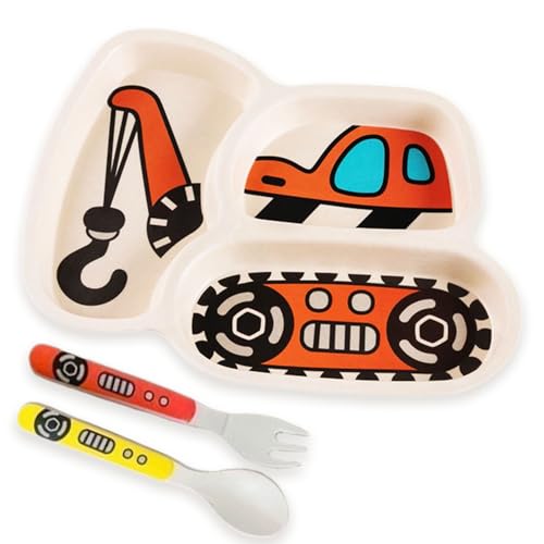 Kran Besteck Kindergeschirr Set, 3er Tragbar Teller Babyteller, Inklusive Kran Kinderteller, Löffel, Gabeln BPA-Frei, Für Spülmaschine, Mikrowelle und Backofen Geeignet von Guidre