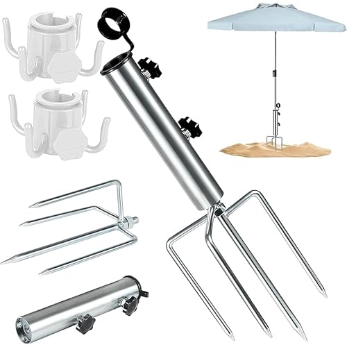 Sonnenschirmständer mit Rasendorn, Schirmständer mit 4 Heringen und Sonnenschirm, Schirmständer Erdspieß Abnehmbar Einstellbar Robuster Bodenanker für Angeln,Garten, Strand Gras von Guidre