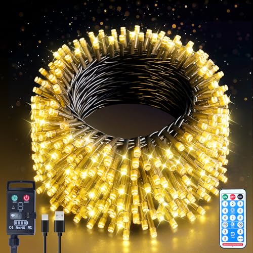 Guijiyi Lichterkette Innen Außen 20m 200LED, Lichterketten Weihnachtsbaum, 8 Modi IP44 Wasserdicht Lichterkette Batterie Aufladbar mit Fernbedienung Timer für Innen Weihnachten Garten Party Hochzeit von Guijiyi