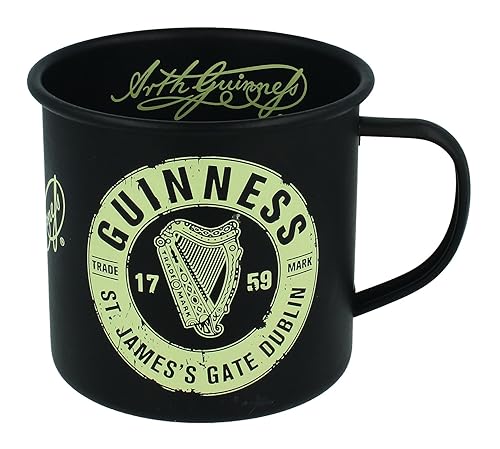 Schwarzer Guinness Emaillebecher mit Brauerei Trademark Logo von Guinness