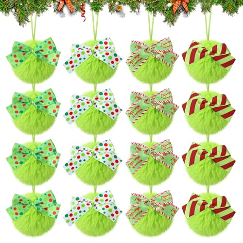 Guiqulai 20 Stück grüne pelzige Weihnachtskugeln, 8,9 cm, Weihnachtsbaumschmuck, Kugel mit Schleife für Zuhause, Partyzubehör von Guiqulai