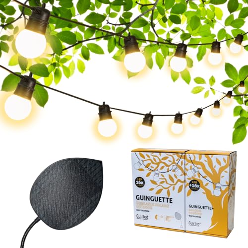 GuirLED - Solar-Lichterkette & wasserdicht IP55 Guinguette Premium – 32 LEDs 15 Meter – 100 % autonom – Photovoltaik-Blatt XL – Lithium-Akku 4000 mAh – White Edition von GuirLED