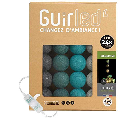 GuirLED - LED Baumwollkugeln Lichterkette USB - Baby Nachtlicht 2h - Dual USB 2A Netzteil enthalten - 3 Intensitäten - 24 Kugeln 2.4m - Mangrove von GuirLED