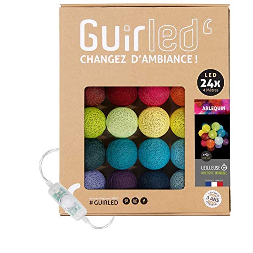 GuirLED - LED - Lichterkette mit Kugeln aus Baumwolle mit USB – Nachtlicht für Babys 2 Stunden – Netzadapter mit 2 A USB 2 A im Lieferumfang enthalten – 3 Intensitäten – 24 Kugeln 2.4m – Harlekin von GuirLED